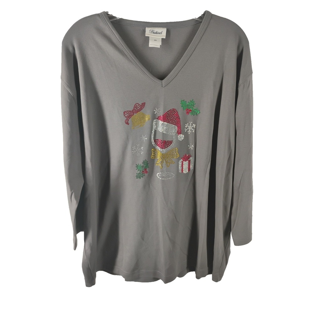 Distinct Womens 2X Christmas Drinking Embellished‎ Vneck Shirt GRAY